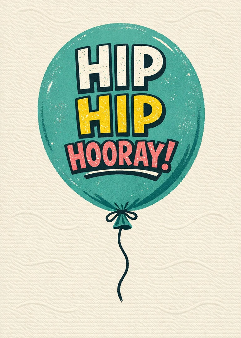 Teal balloon with Hip Hip Hooray text in retro style on a cream background card.