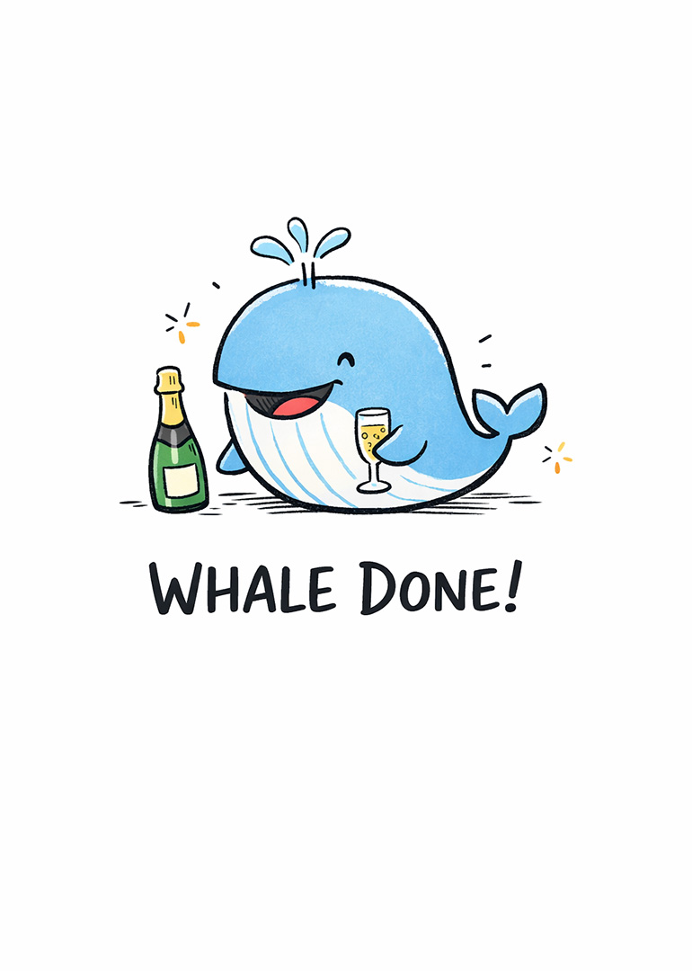 Cartoon blue whale with champagne glass and bottle saying whale done