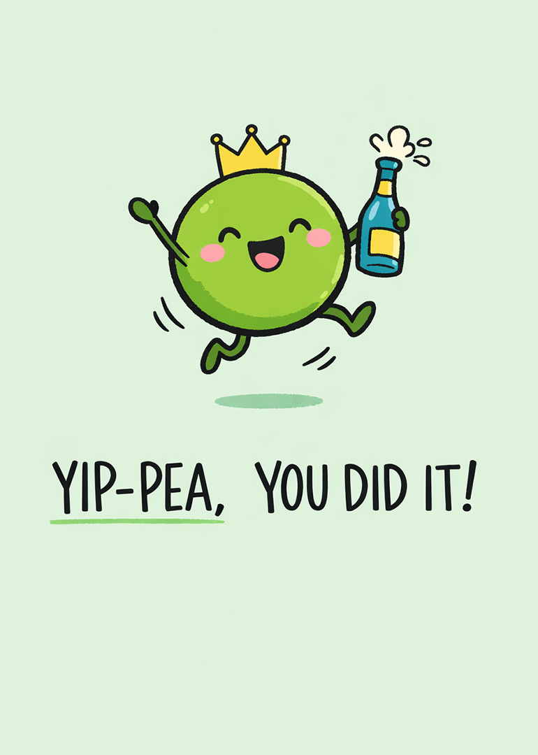 Happy green pea with crown holding popping champagne celebrating success