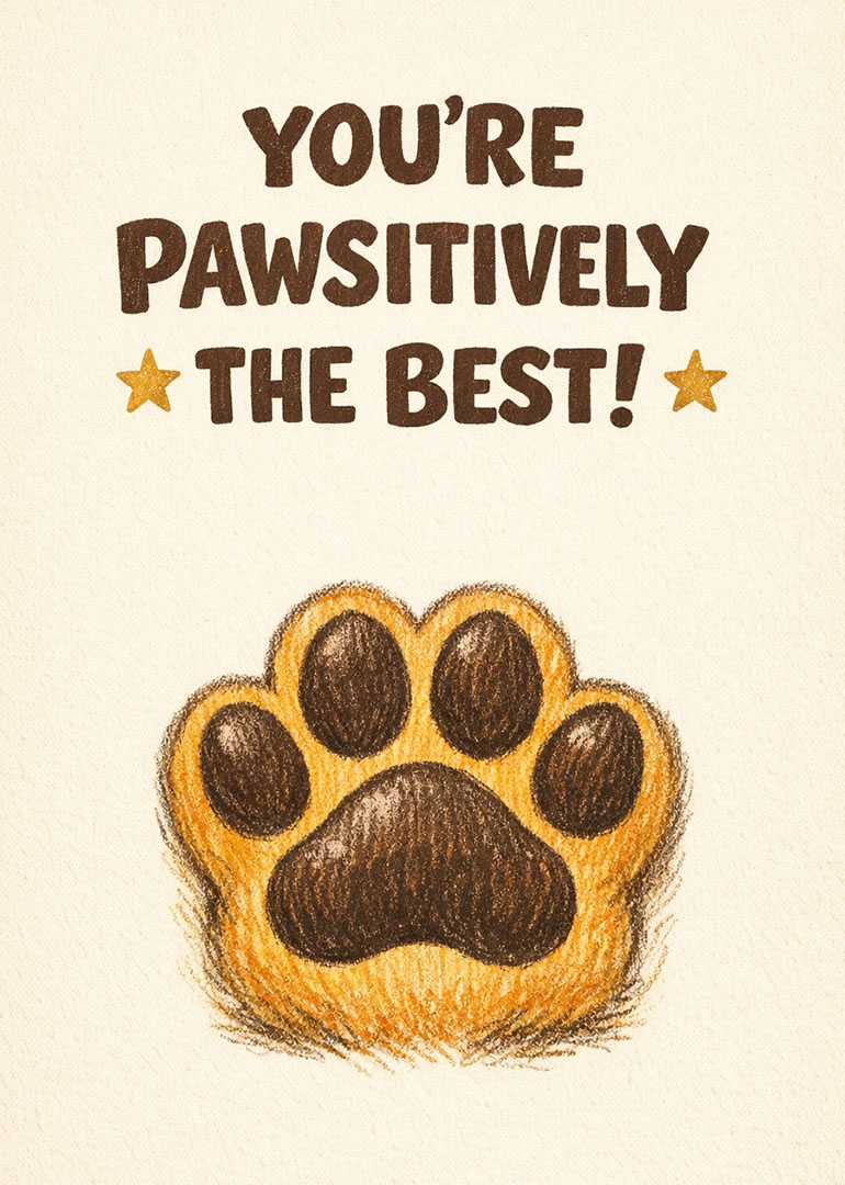 Card with large paw print and text You’re pawsitively the best