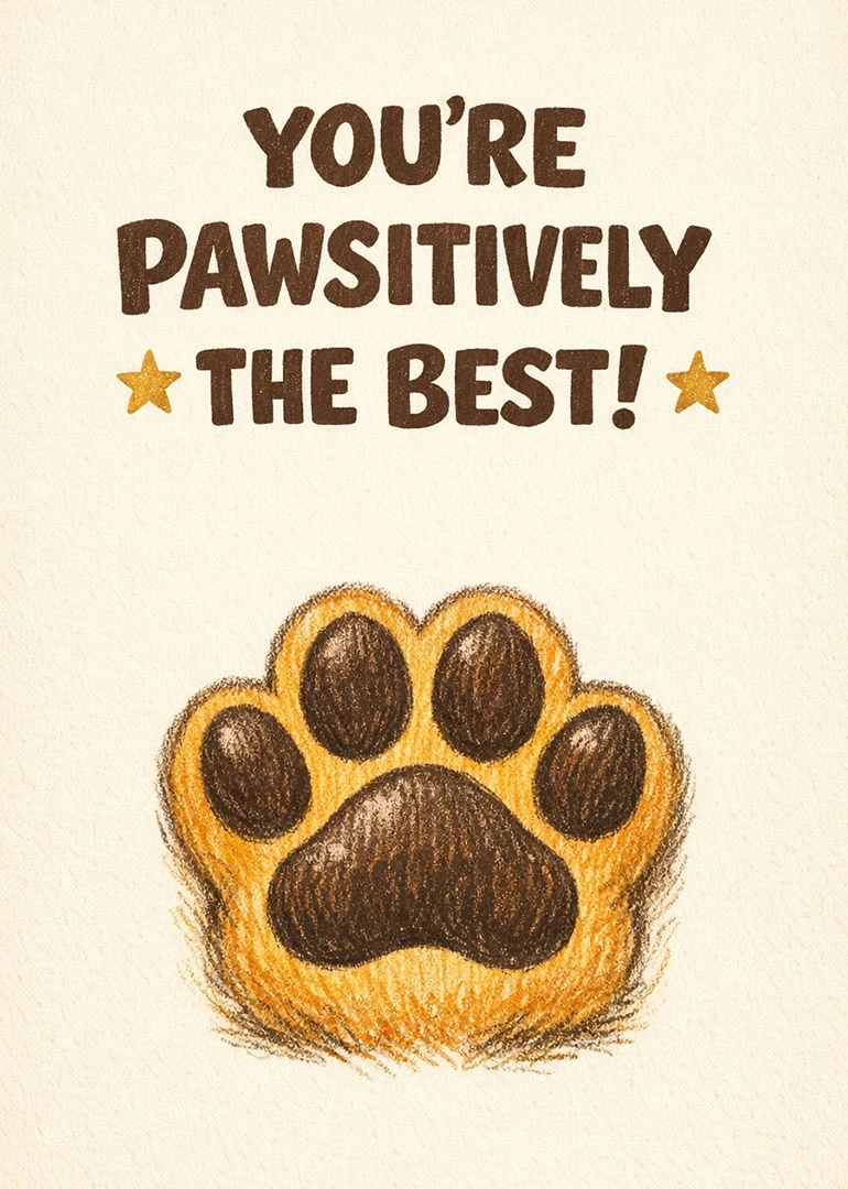 A hand-drawn paw print card saying You're pawsitively the best with small gold stars front.