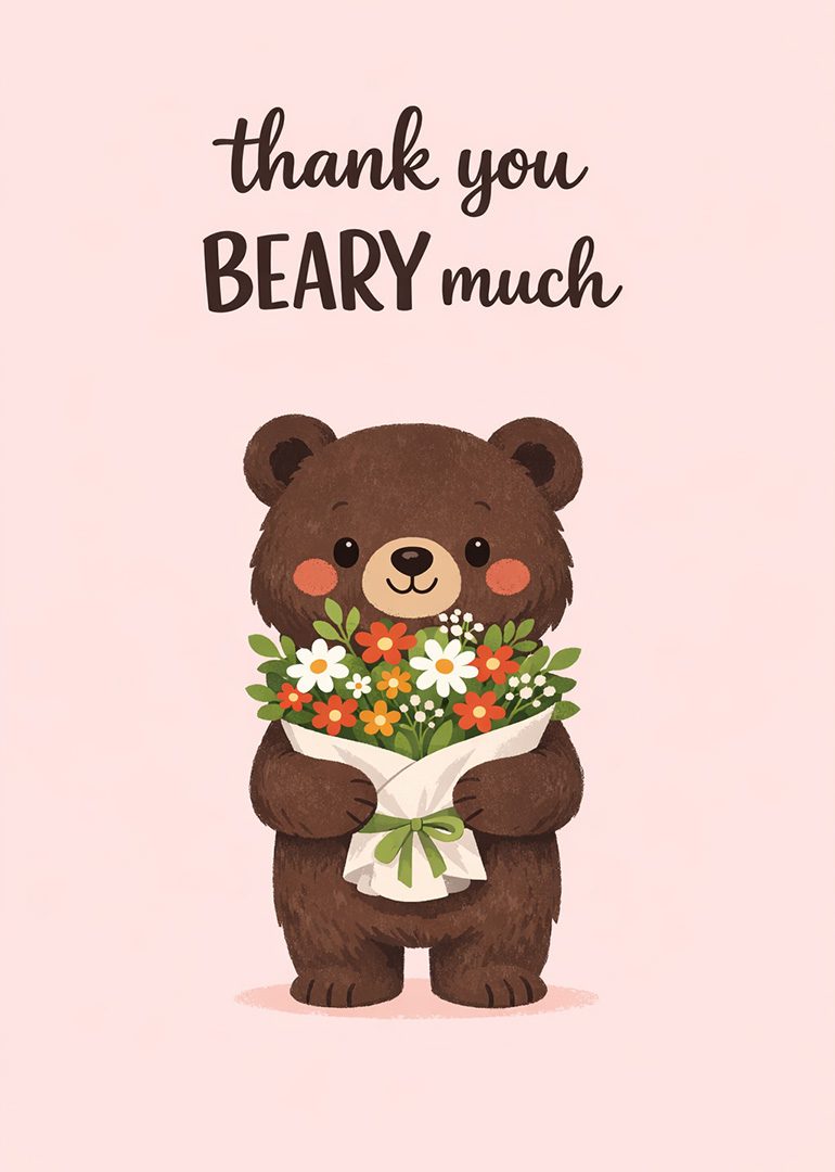 Illustration of cute bear holding bouquet of flowers saying thank you