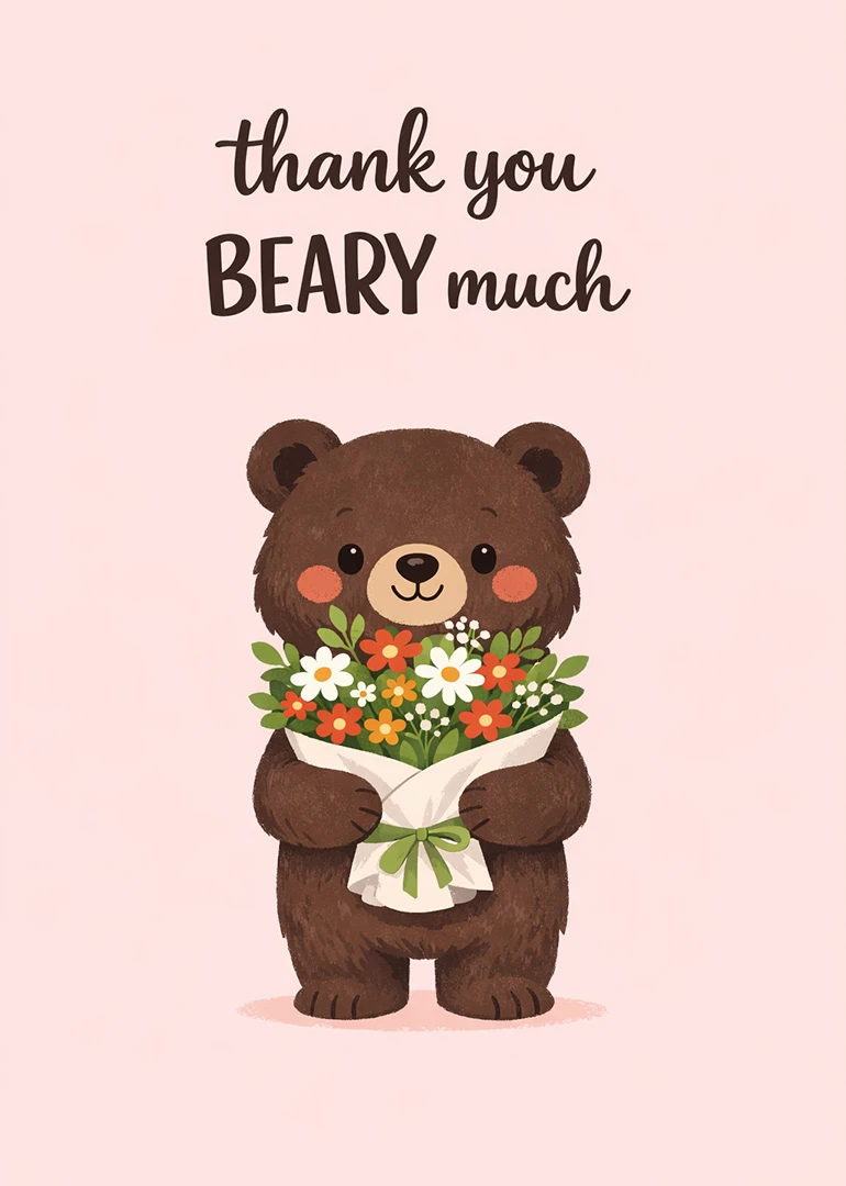Cute brown bear holding flowers on pink background with thank you beary much wording above.