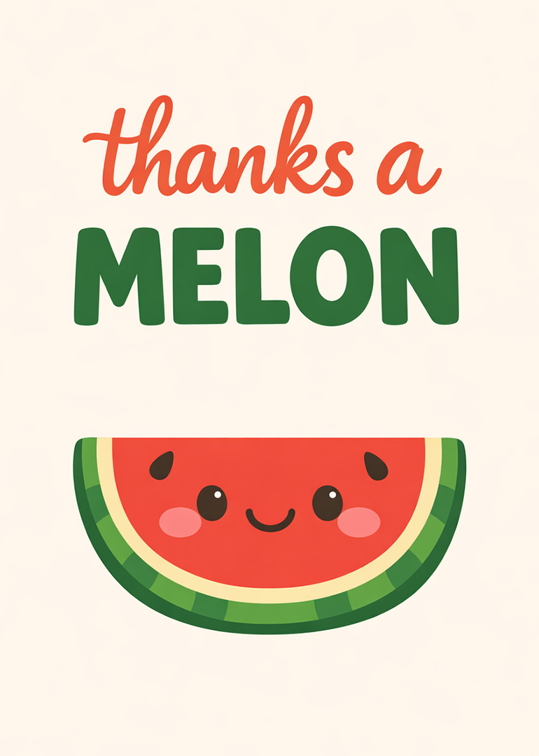 Cute smiling watermelon slice with thanks a melon text on light background