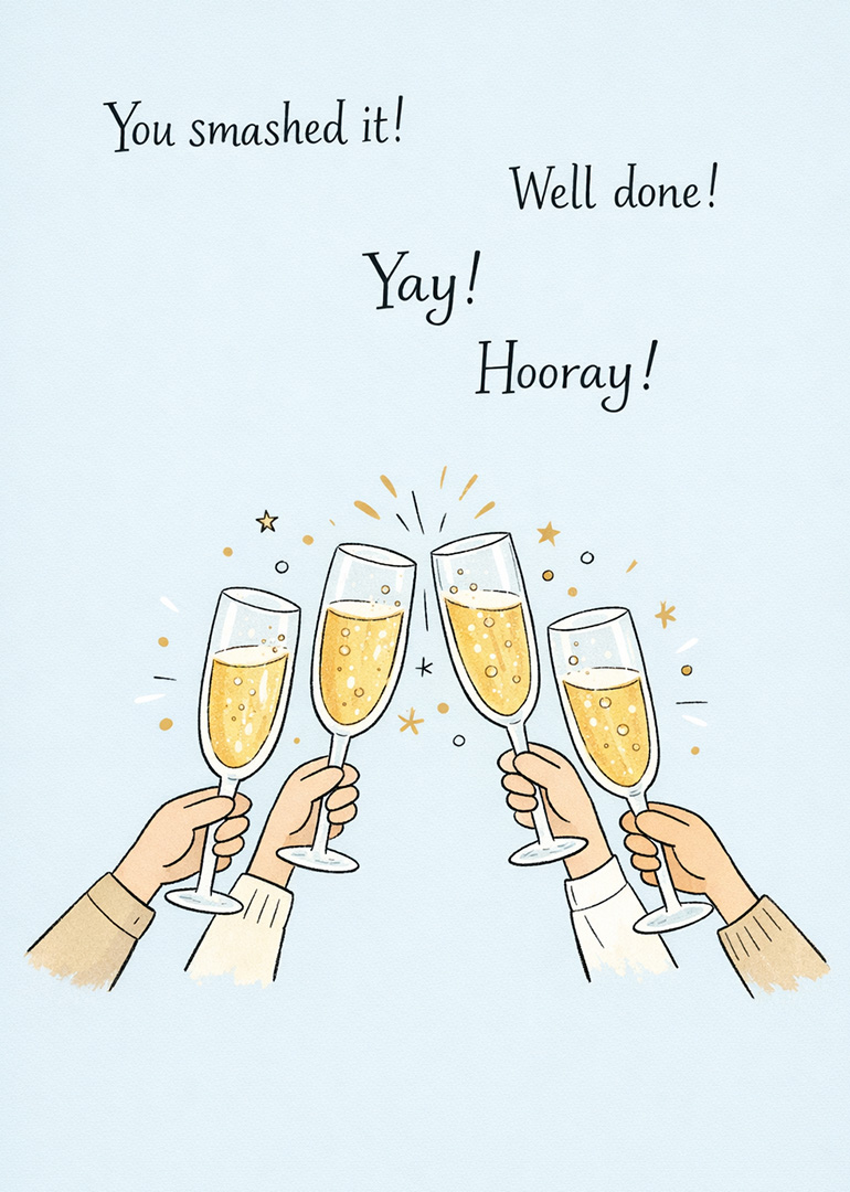 Hands clinking champagne glasses with congratulatory messages and celebration decorations