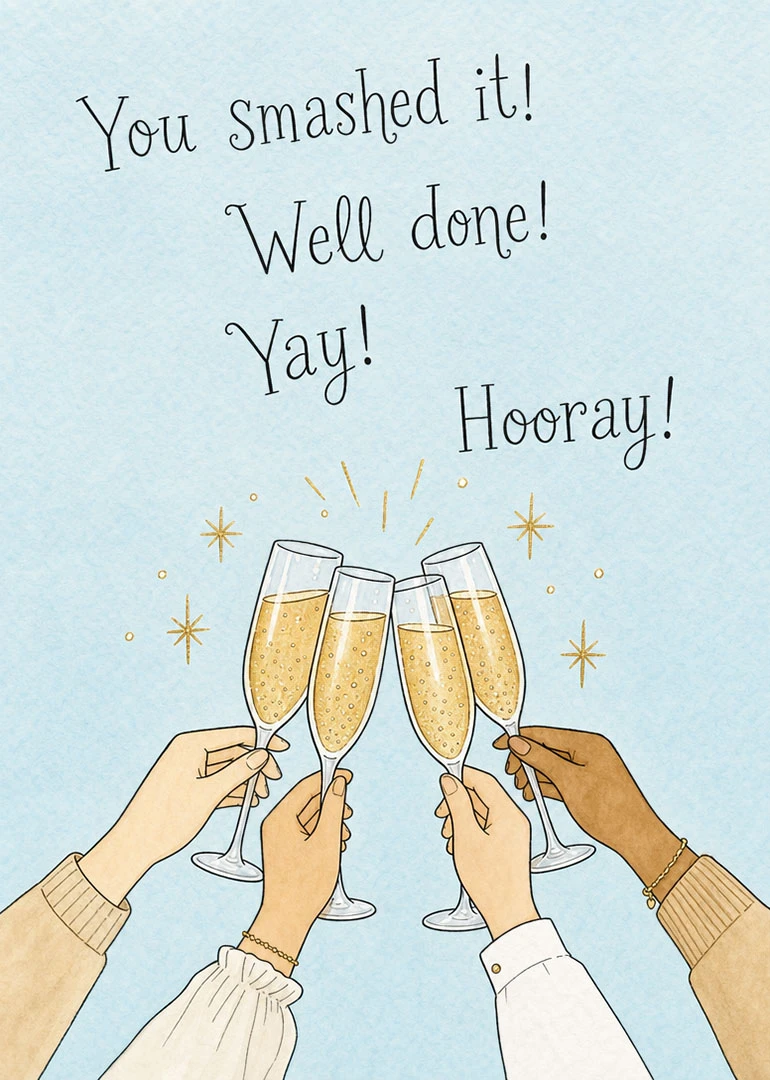 Four hands raise champagne flutes beneath You smashed it, well done, yay, hooray text card.