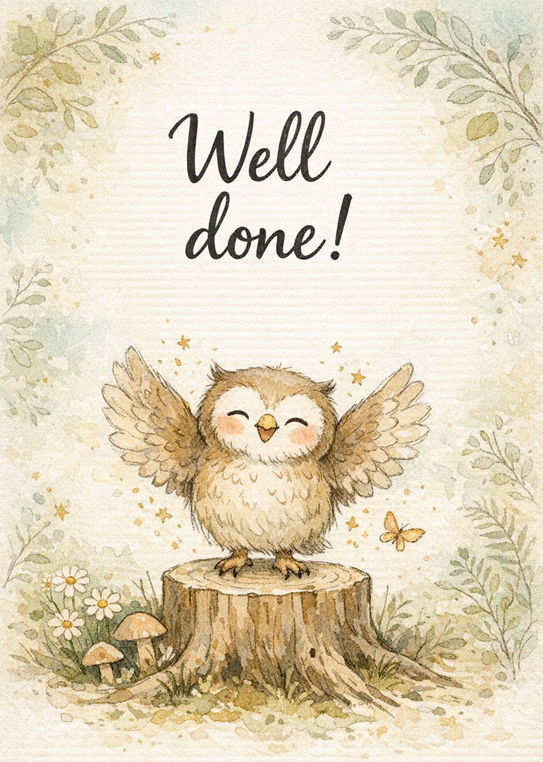 Cute owl standing on tree stump with well done text and soft nature background