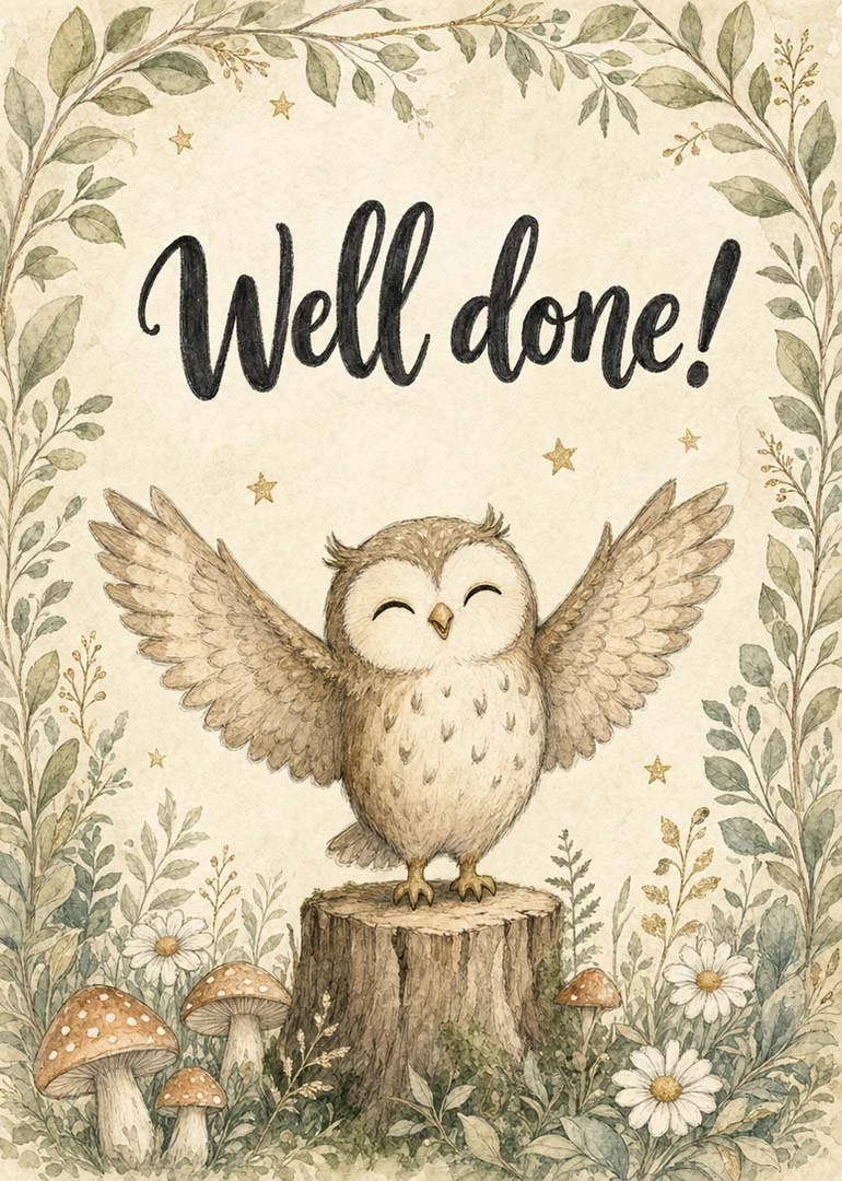 Cute watercolour owl standing on a stump with Well done! text and soft floral leaves.