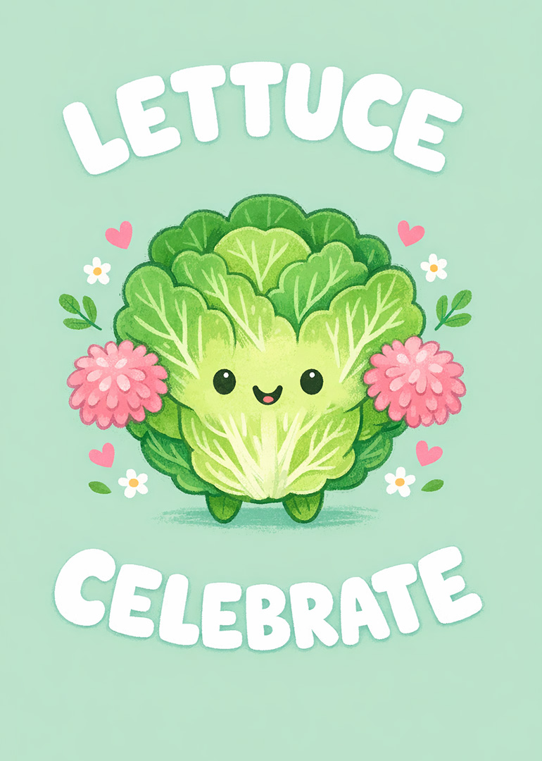 Smiling lettuce cartoon with pink pom poms, hearts, and flowers on green background