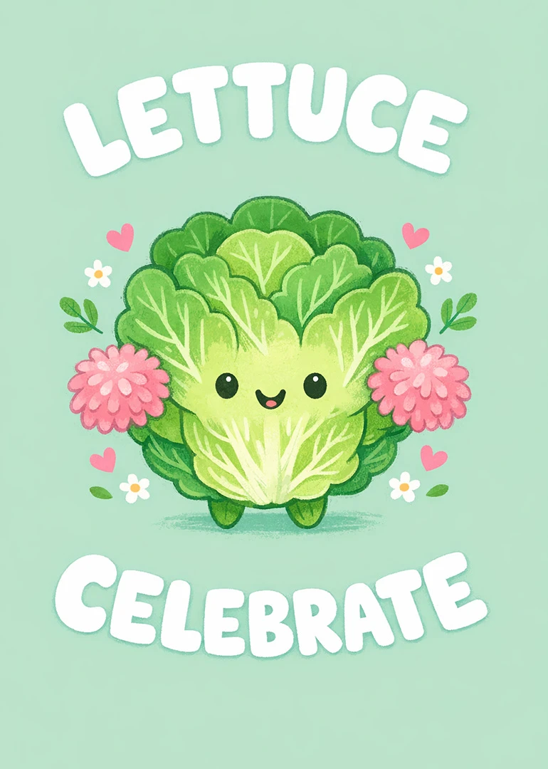 Cute smiling lettuce with pink flowers and hearts on mint background saying Lettuce Celebrate.