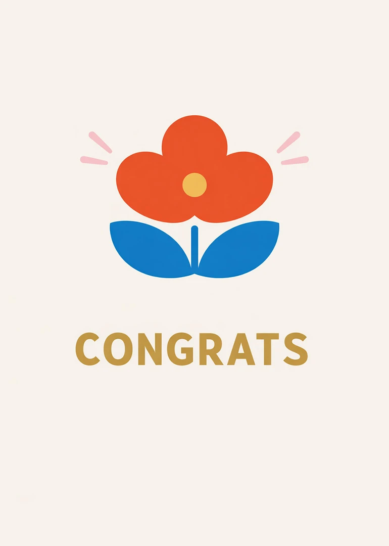 Orange flower with blue leaves and gold Congrats text on a cream background card design.