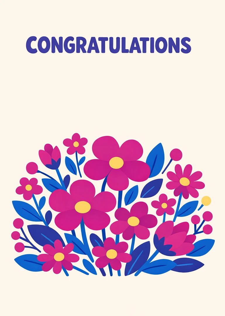 Cream card with congratulations text and a bright pink and blue floral bouquet illustration below.