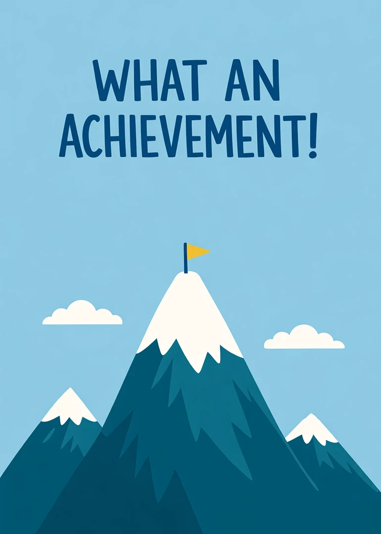 Blue card with snowy mountain peaks and a summit flag reading What an Achievement.