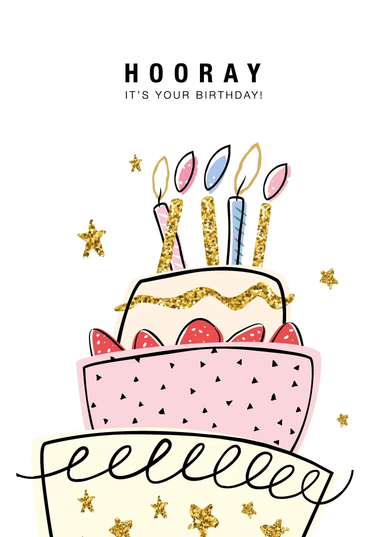 Minimal birthday card with layered cake, candles, stars, and wording Hooray It's Your Birthday above.