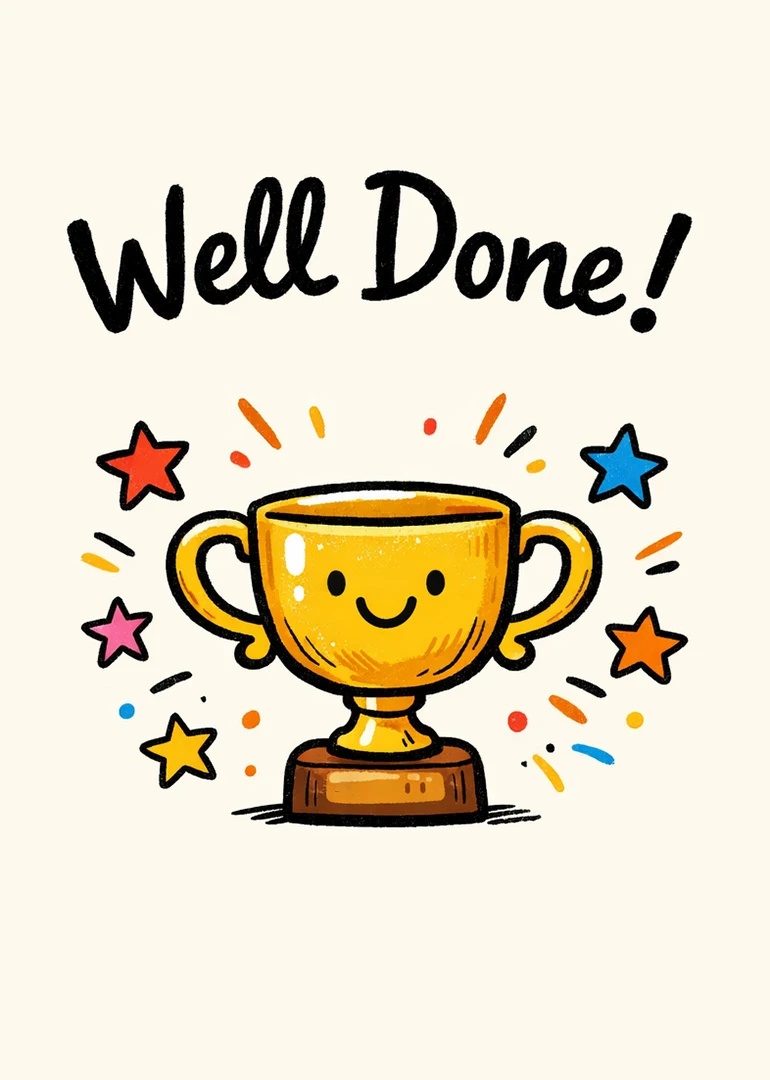 Cute smiling trophy with colorful stars and Well Done! text on a cream background design.