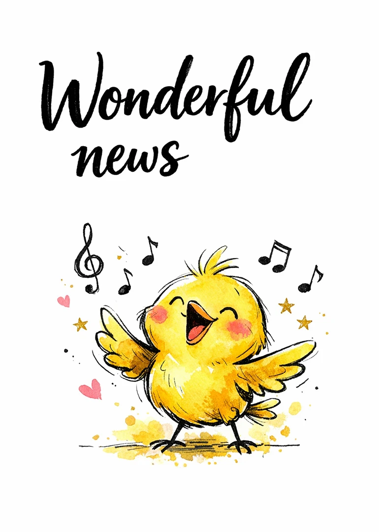 Cute yellow chick singing with music notes, hearts and stars beneath Wonderful news text above.