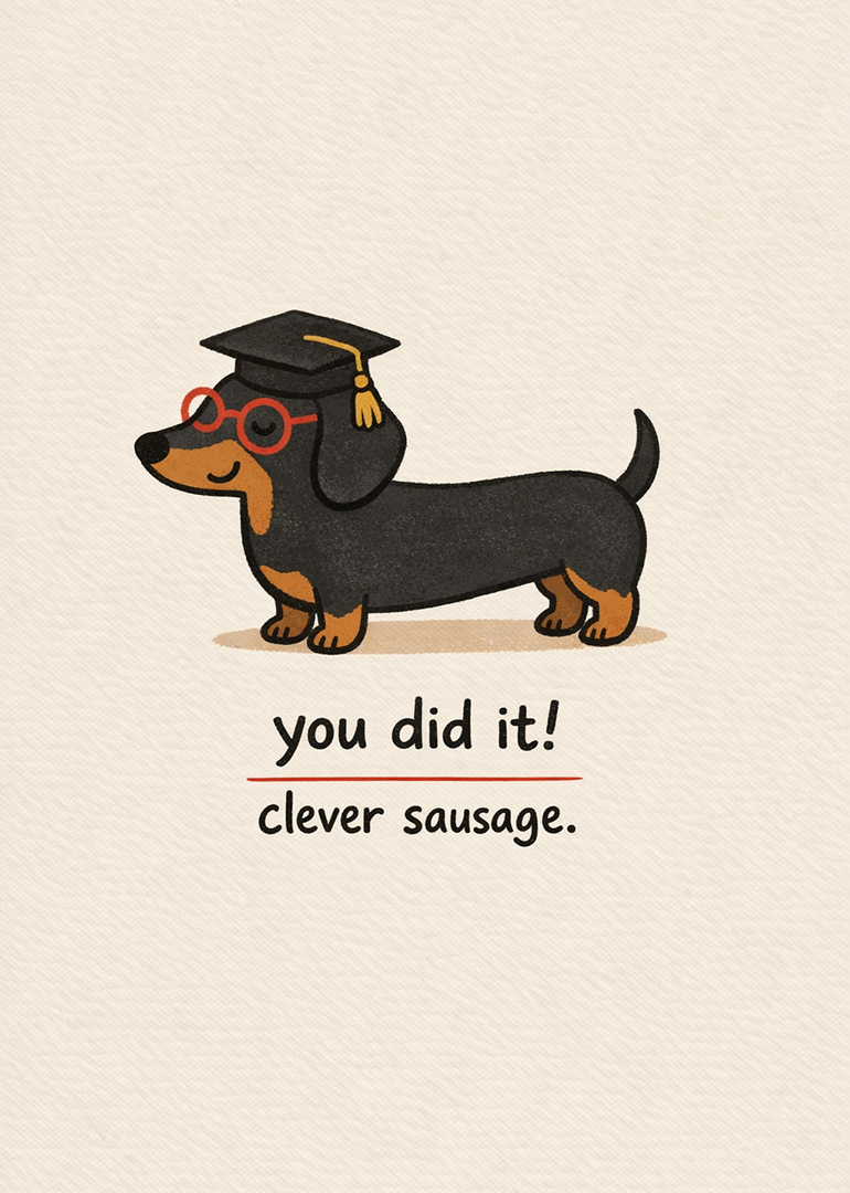 Cartoon dachshund wearing graduation cap and glasses with clever sausage text