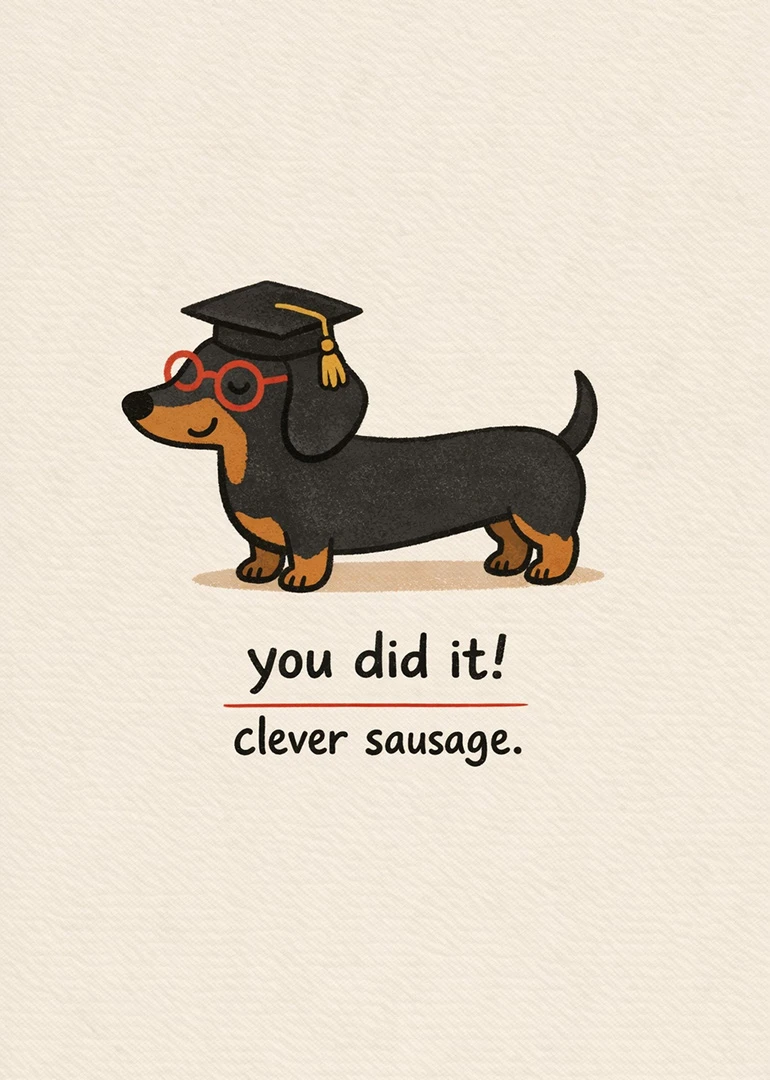 A dachshund in a graduation cap and glasses says you did it, clever sausage illustration.