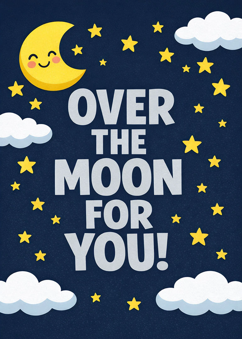Cute moon and stars card with clouds and the message Over the Moon for You.