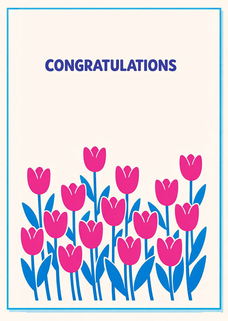 Congratulations card with pink tulips and blue leaves on cream background
