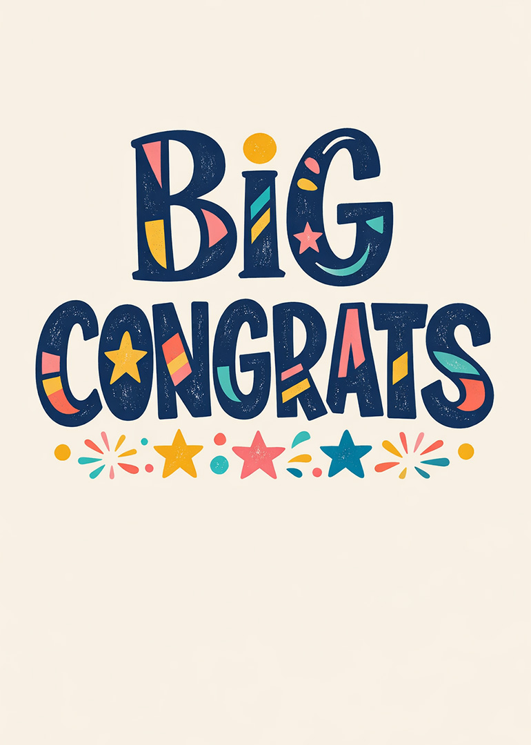 Bright congrats card with colorful letters stars and confetti