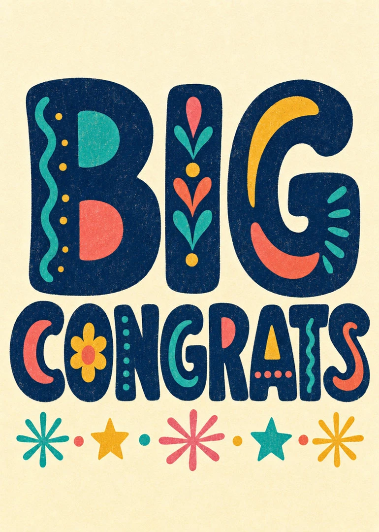 Bold navy letters spell Big Congrats with colorful retro stars and festive accents on cream.
