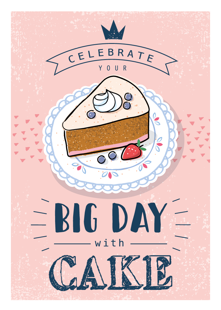 Illustration of a cake slice on a decorative plate with text celebrating a big day