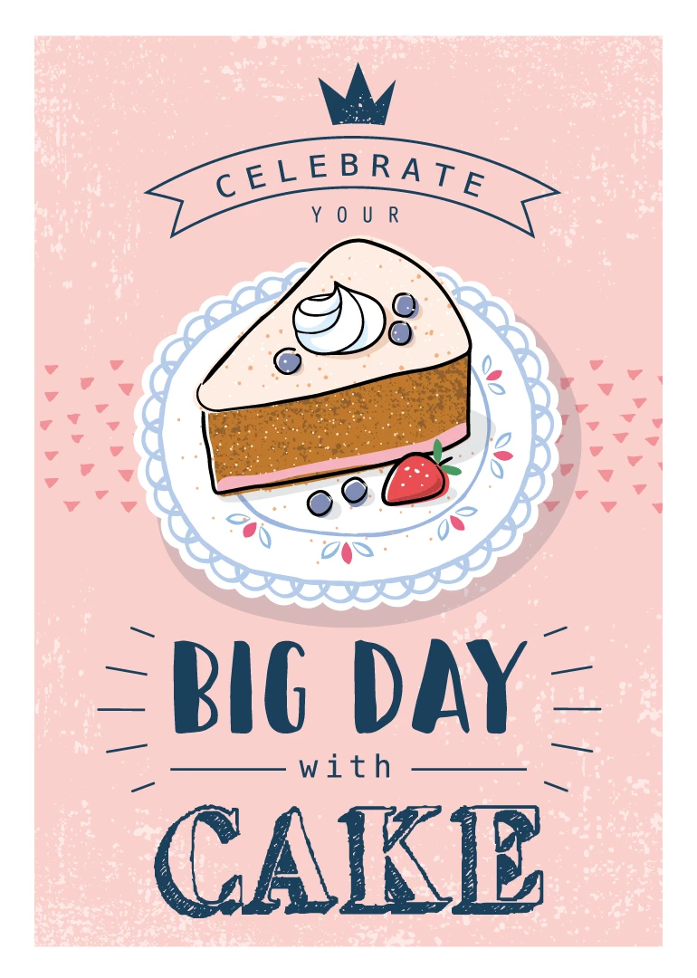 A pink card with cake, berries, and text saying celebrate your big day with cake.