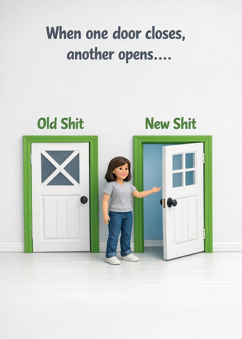 A 3D woman between labeled doors with a rude old versus new joke about change.