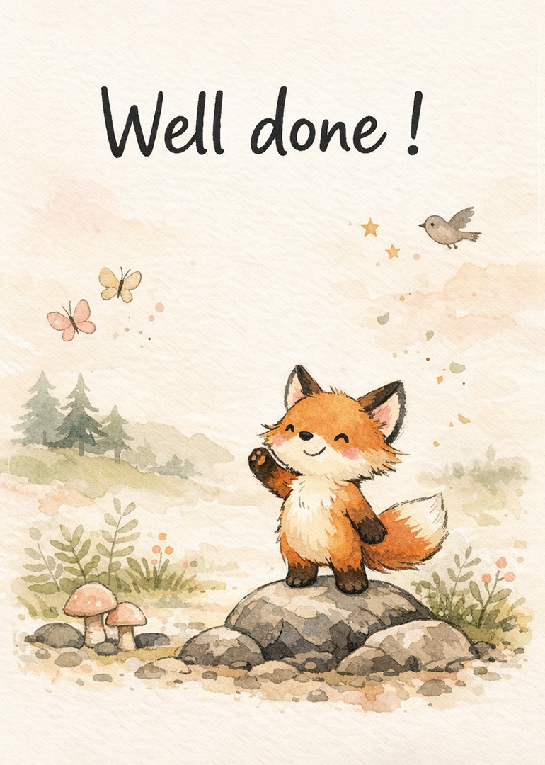 Watercolor card with smiling fox on rock, butterflies, bird and plants