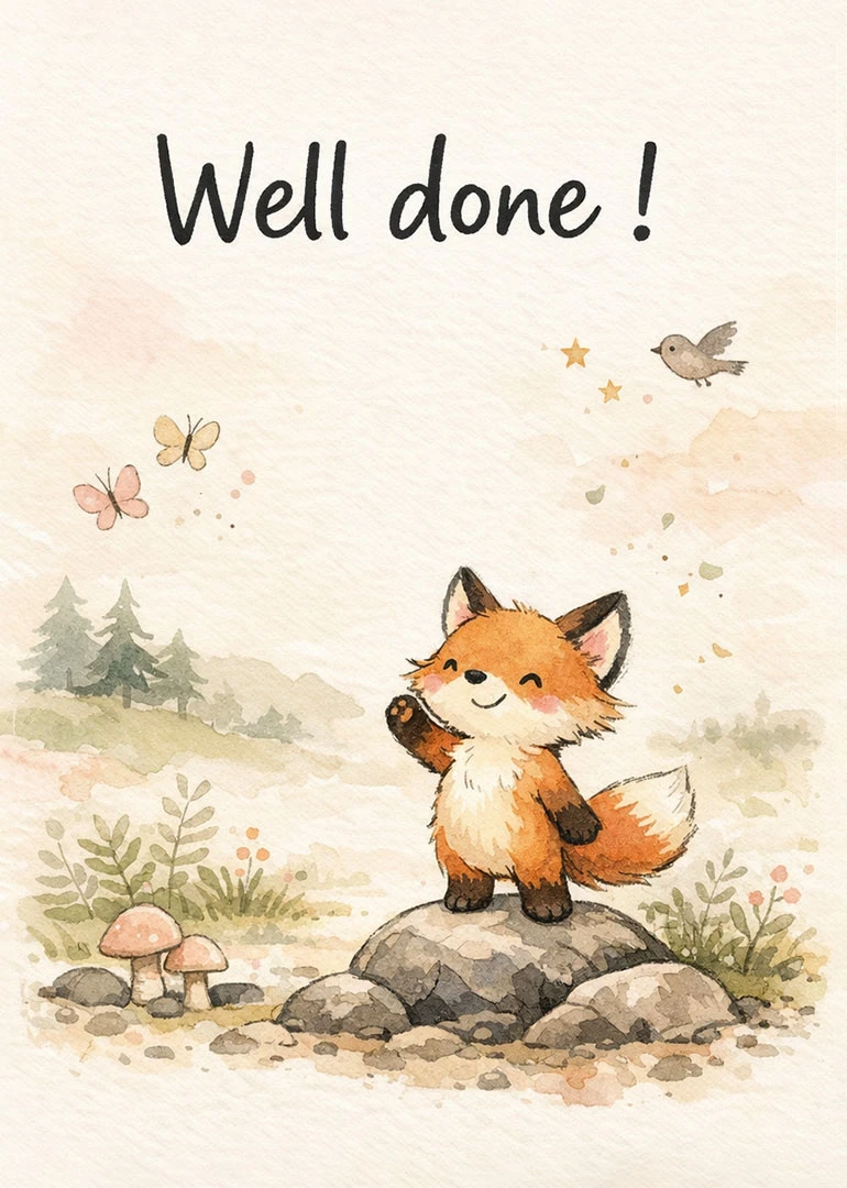 Watercolour fox waving on a rock with Well done text and soft woodland details above.