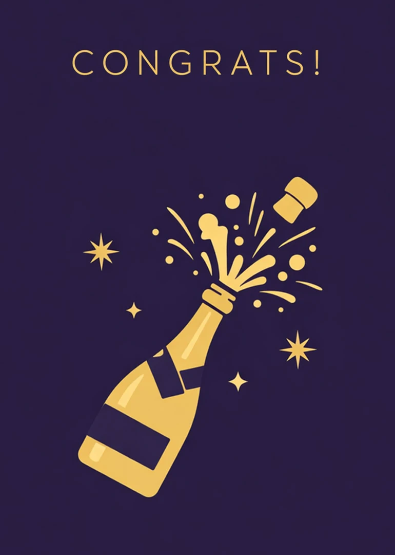 Gold champagne bottle popping with confetti and Congrats! text on a dark purple elegant background.
