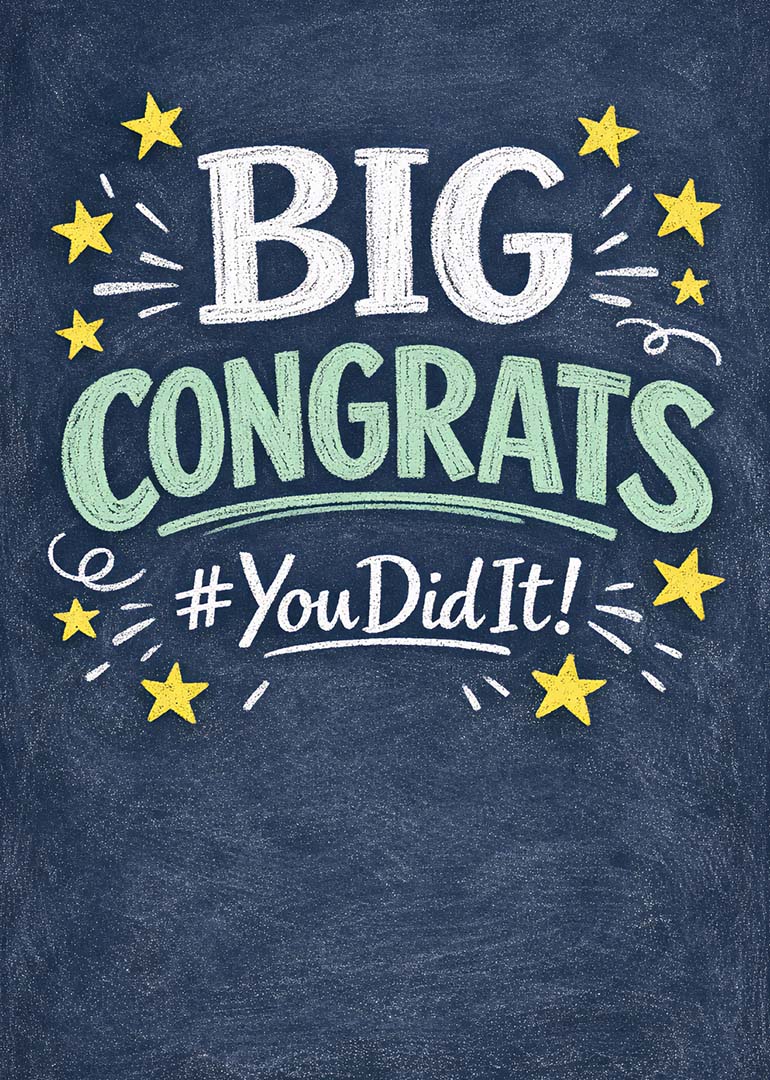 Chalkboard style card with big congrats and celebratory stars