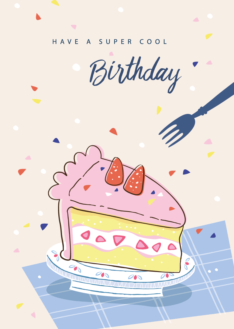 Birthday card with pink frosted cake slice, strawberries, fork, and colorful confetti