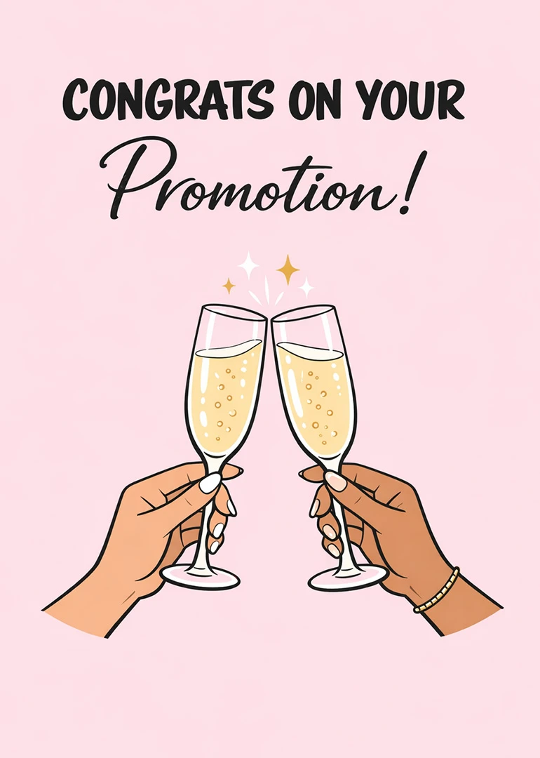 Two hands toast champagne glasses beneath Congrats on Your Promotion text on a pink background.