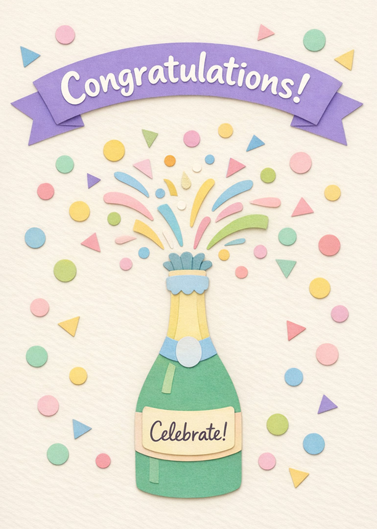 Card with popping champagne bottle, colorful confetti, and congratulations ribbon