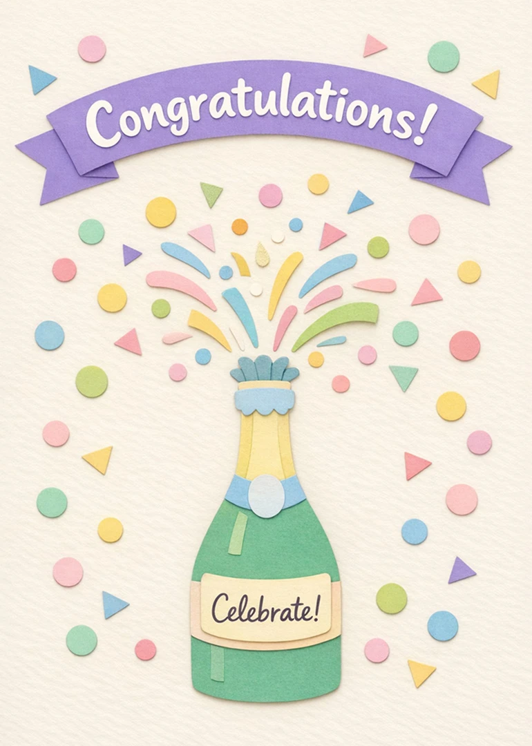 Pastel congratulations card with champagne bottle, confetti, and Celebrate banner in cheerful paper-cut style design.
