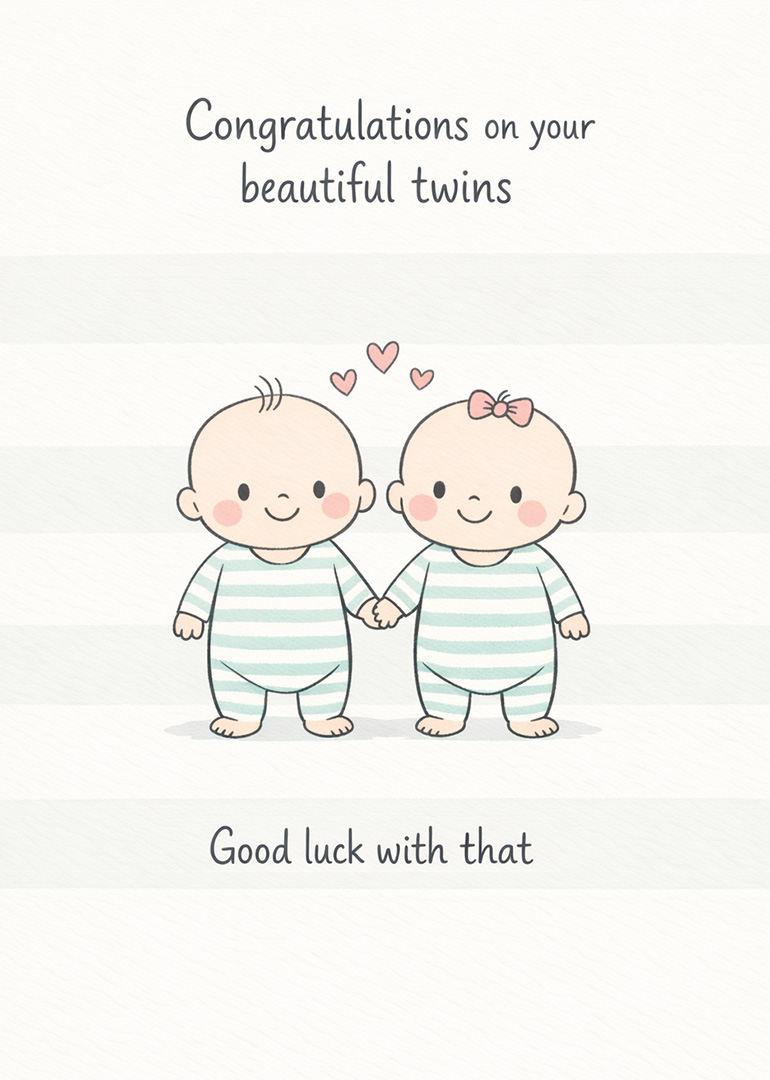 Cute cartoon twins holding hands with hearts and congratulatory message