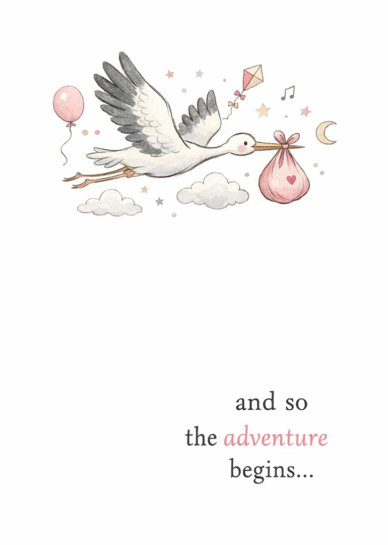 Watercolour stork carries a pink bundle with balloons, stars, clouds, and adventure begins text below.