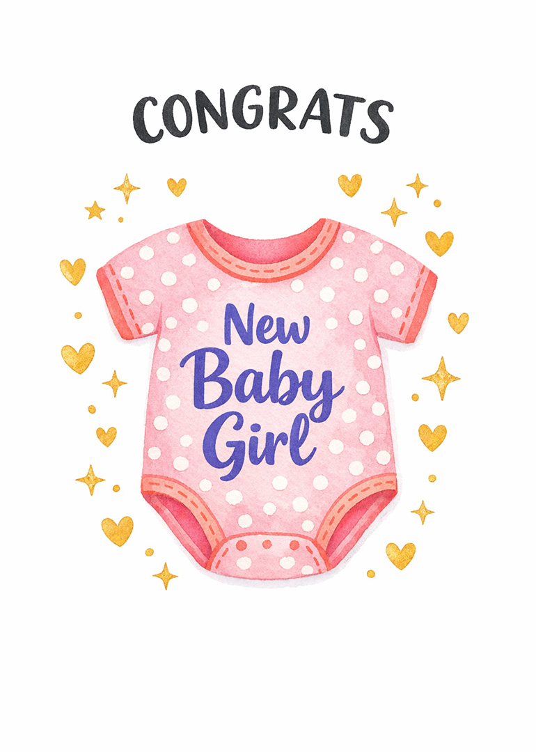 Pink polka dot baby onesie with congrats and golden stars around