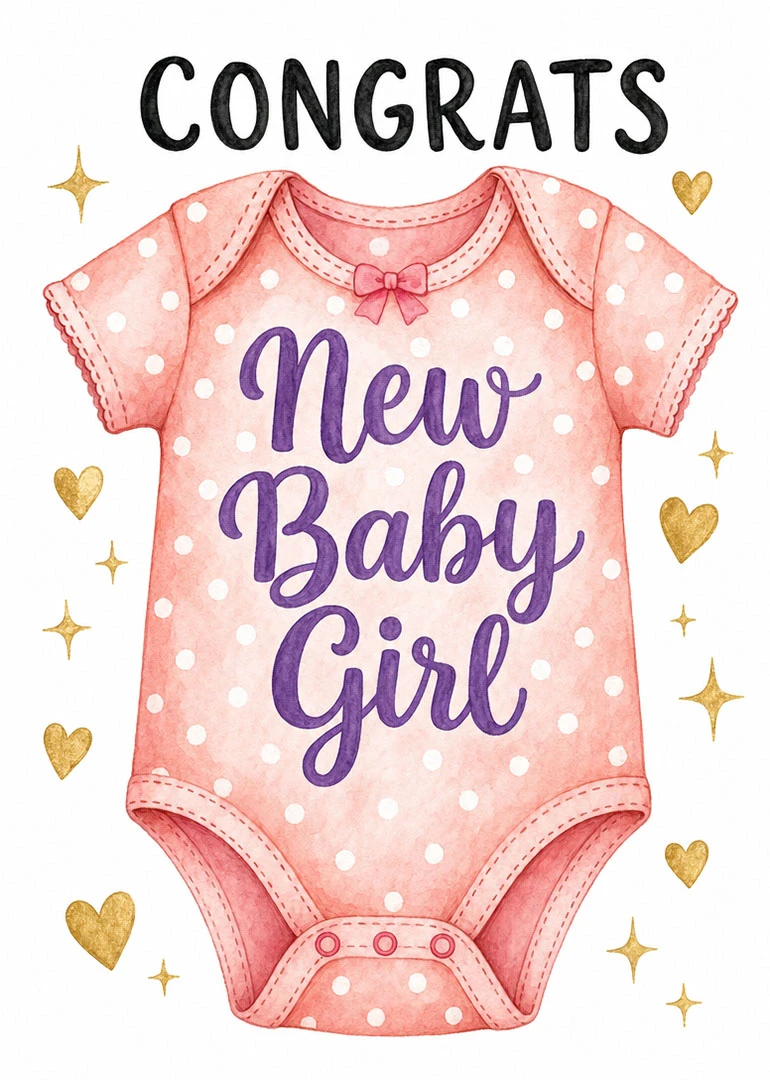 Pink polka dot baby onesie with Congrats and New Baby Girl text on white background.