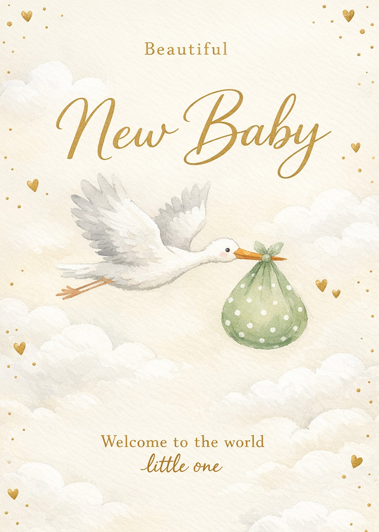 Watercolor card with a stork flying and carrying a green dotted bundle