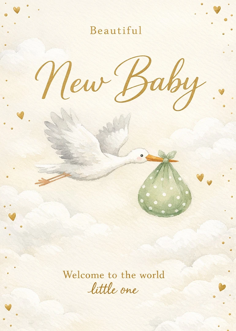 Watercolor stork carrying a baby bundle through soft clouds with gold hearts and welcome wording below.