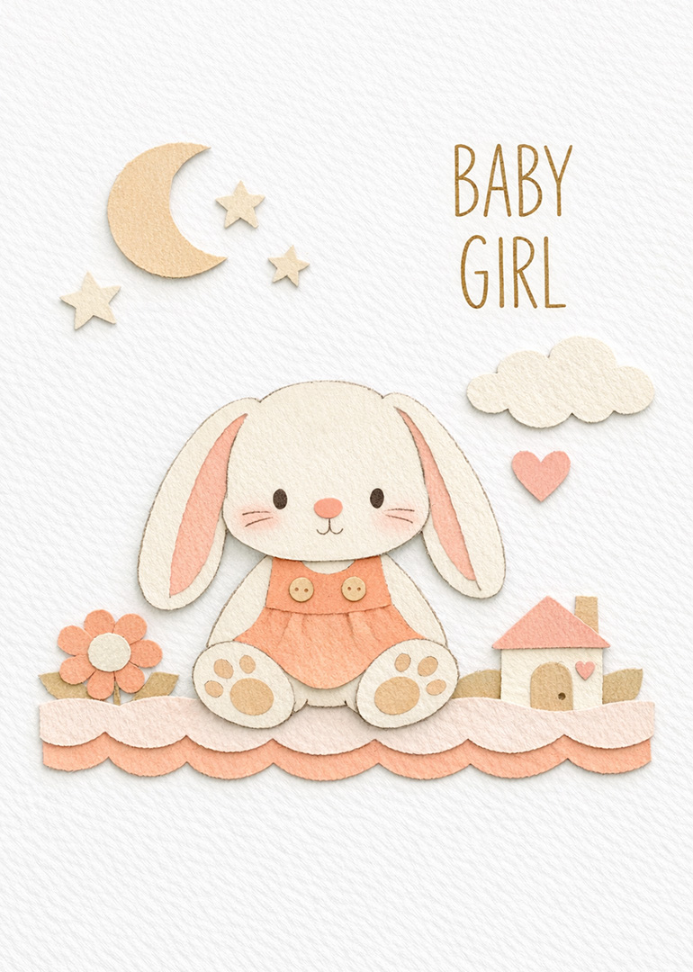Soft textured bunny in peach dress with moon stars flower house baby girl card