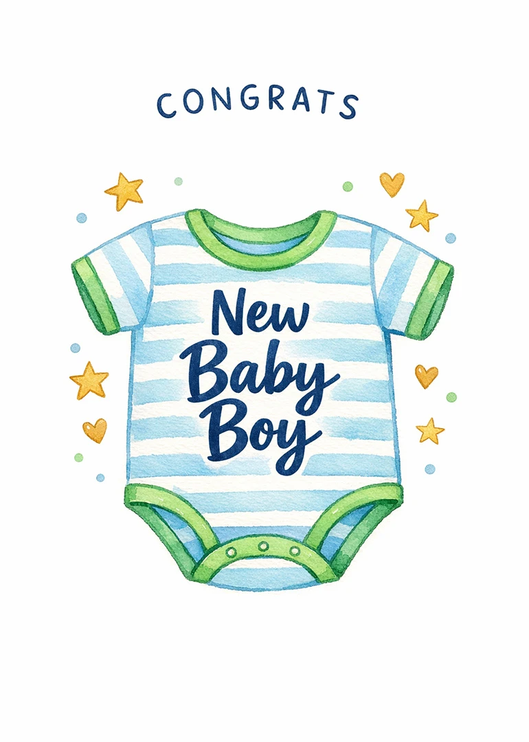 Watercolor striped baby onesie with Congrats and New Baby Boy text, surrounded by stars, hearts.