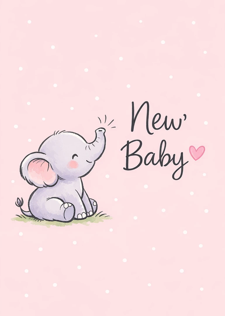 A sweet baby elephant sits beside New Baby text on a soft pink background card.