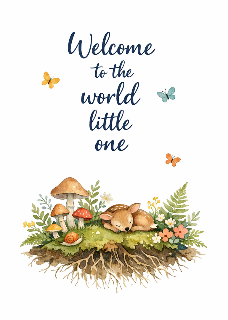 Sleeping baby deer with moss, mushrooms, flowers, and butterflies illustration