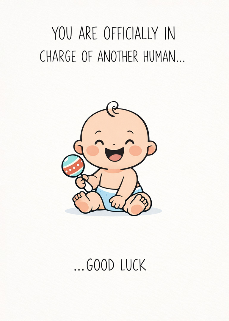 Happy cartoon baby holding a colorful rattle with good luck message