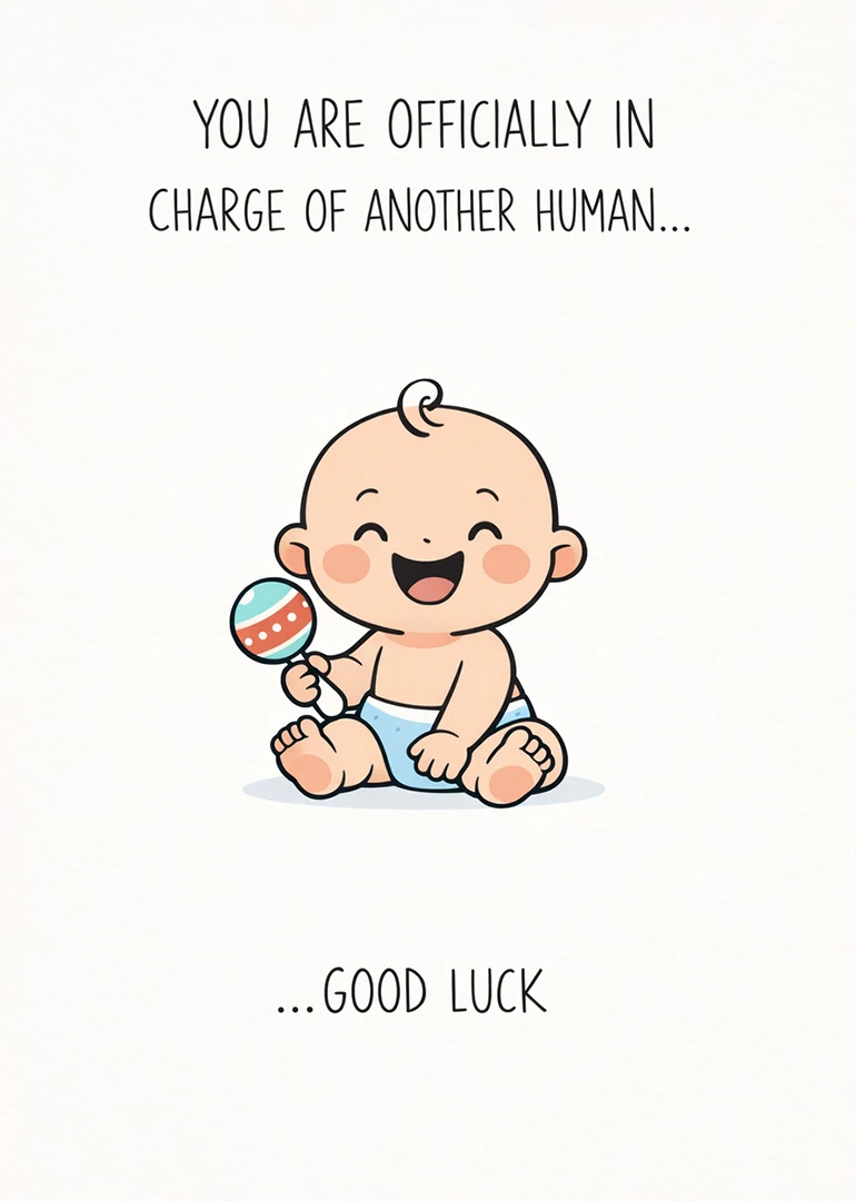 Smiling baby in diaper holding rattle, with a good luck message for new parents inside.