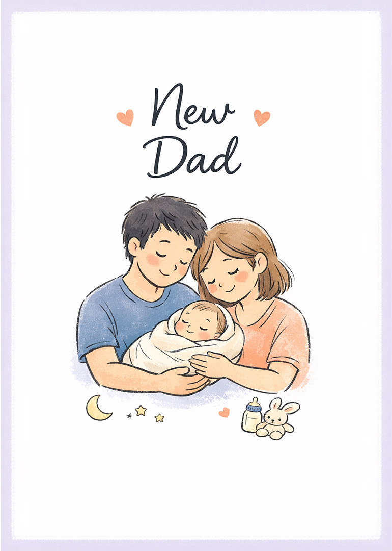 Illustration of new dad and mom holding newborn baby with hearts and baby items